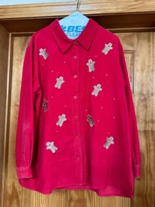 Quacker Factory Red Gingerbread Corduroy Button Front Shirt Size Large - Picture 1 of 3