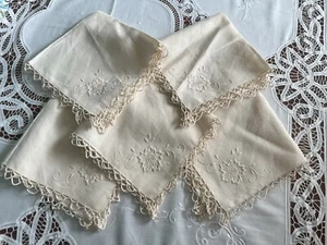 Vintage Linen Dinner Napkins Tatted Crocheted Edge Embroidered Set of 5 - Picture 1 of 10