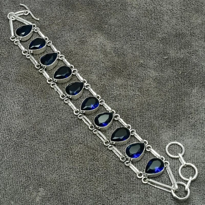 Brazalete de joyería hecha a mano de plata de ley 925 con piedras preciosas de zafiro azul 7-8" Foto 1 de 4