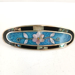 Vintage Abalone Mother of Pearl Hair Barrette Floral Inlay Blue Enamel Hair Clip - Picture 1 of 13