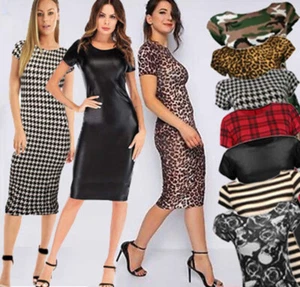 STRETCH PATTERNED BODYCON MIDI DRESS SHORT SLEEVE ANIMAL SKULL TARTAN PRINT 8 20 - Picture 1 of 17
