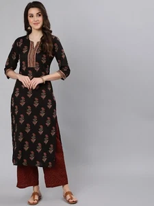 Indian Women Black Ethnic Motifs Floral Printed Pure Cotton Kurta Kurti Tunic - Picture 1 of 7
