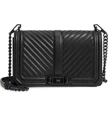 NUEVO CON ETIQUETAS Bolso Bandolera Rebecca Minkoff Chevron Acolchado Love Cuero NEGRO AUTÉNTICO Foto 1 de 4