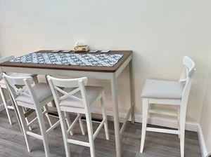 IKEA Table, brown, 140x70x105 cm, Bar Stool x4, white, 75cm, Very good condition - Picture 1 of 4