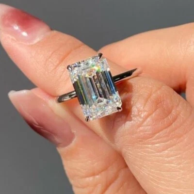 5CTW Emerald Cut DEF Moissanite Solitaire Engagement Ring 14k White Gold Plated - Image 1 of 4