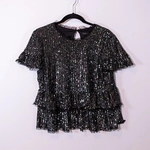 NEW Endless Rose Sequins Sparkle Embellished Baby Doll Top With Mesh Trim Black - Picture 1 of 4