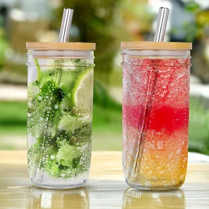2X Trinkgläser mit Bambusdeckel Strohhalm,Eiskaffeebecher,Glasbecher Biergläser - Bild 1 von 12