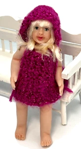 Artisan Dollhouse Miniature Girl Doll Crochet Dress Hat Poseable 4.5" Signed - Picture 1 of 15