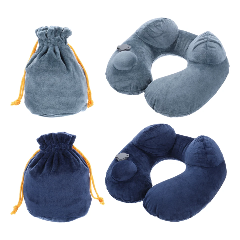 2Pcs Self-Inflatable Plush Pillow for Travel Airplane with Bag Green Navy Blue - image 1 of 4