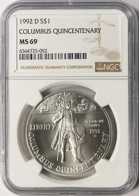 1992-D Columbus Silver Dollar $1 NGC MS69 - Image 1 of 2