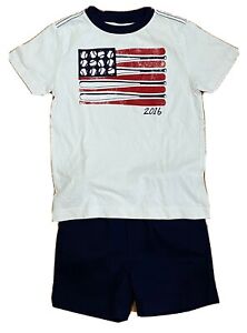 Boys Sz 6 Gymboree Red White & Cute Baseball/Flag Shirt w/ Navy Crewcuts Shorts