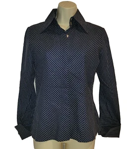 Neu Farinaz Taghavi 4 maßgeschneiderte Bluse mit Knopfleiste Streifen Top Nadelstreifen italienisches Kinderbett - Bild 1 von 23