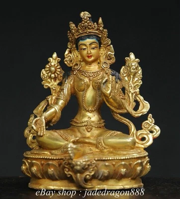 Escultura de diosa Tara verde loto dorado cobre budismo chino antiguo de 5,6" Foto 1 de 4