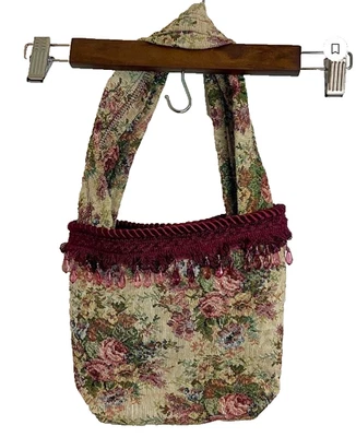 Handmade Floral tapestry bag purple burgundy fringe beaded details vintage style - Image 1 of 4