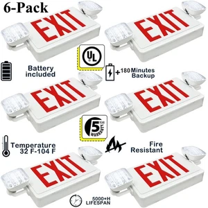 6Pack LED Exit Sign with Emergency Light, Red Emergency Exit Lights with Battery - Picture 1 of 21