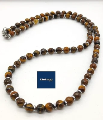 Collana uomo pietre naturali .collana occhio di tigre naturale 6 mm  acciaio - Immagine 1 di 3