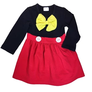Female Mouse Style Long Sleeve Red Black Dress Yellow Bow 2 Large Buttons XS - Picture 1 of 6