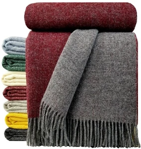Wolldecke 100% Schurwolle Wohndecke Plaid Decke 140x200cm Dunkelrot-Grau - Bild 1 von 4