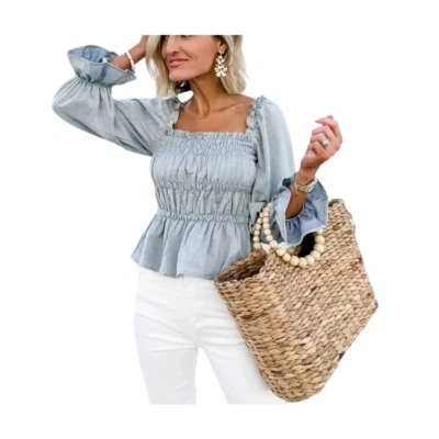 Who What Wear Chambray Crop Ruffle Puff Sleeve Blouse XXL - Image 1 of 4