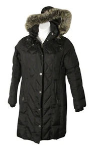 London Fog S Black Quilted Long Length Down Coat Faux Fur Lined Hood - Picture 1 of 3