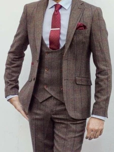 Brown Plaid Men Tweed Suit Vintage Check Formal Prom Groom Tuxedo Wedding Suit - Picture 1 of 8