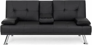 Black Chrome Faux Leather Reclining Couch Futon Sofa Guest Bed Fold Out Arm Rest - Picture 1 of 7