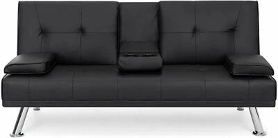 Sofá reclinable de cuero sintético cromado negro sofá cama de invitados reposabrazos plegable Foto 1 de 4