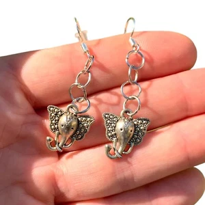 Small Silver Elephant Head Dangle Earrings Women’s Fashion Jewelry Gift for Her - Picture 1 of 8