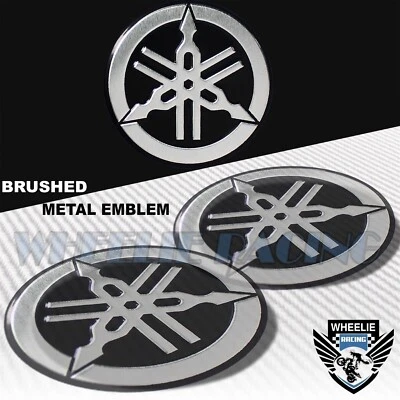 X2 BRUSHED ALUMINUM 2.125" YAMAHA METAL BADGE LOGO EMBLEM FENDER STICKER DECAL - Image 1 of 2