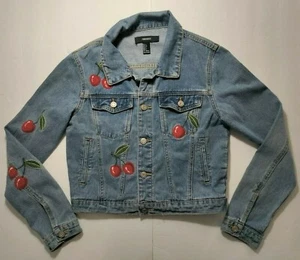 Forever 21 Women's SMALL Blue Denim Jacket Cherries Embroidery - Picture 1 of 12
