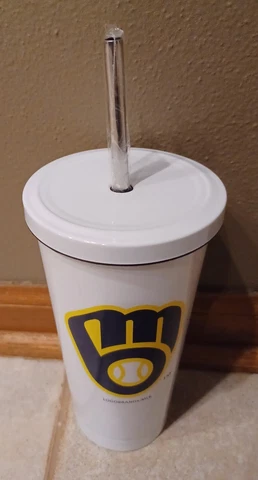 New MLB Milwaukee Brewers Baseball White Stainless Steel Tumbler w/ Metal Straw Cover