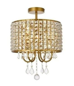 Semi Flush Mount Round Crystal Shade 4 Light Dining Room Bathroom Lighting 14" - Picture 1 of 9