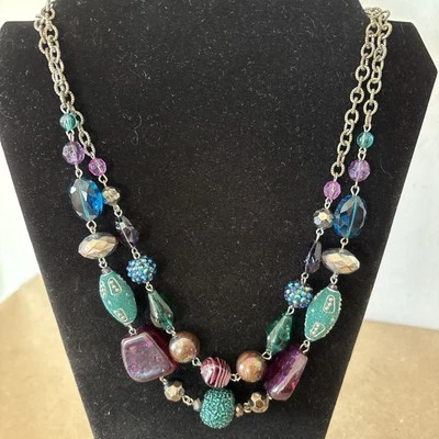 "Collar Treska colorido llamativo púrpura verde azulado vidrio estrás cuentas 22"" plata" Foto 1 de 4