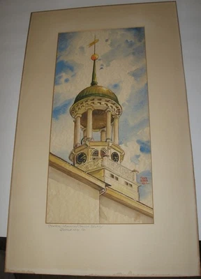 Pintura Acuarela Fred Bees Firmada Cen. Campanario de la iglesia de Moravia, Belén, Pensilvania Foto 1 de 4