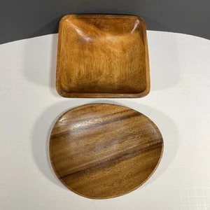 Mountain Woods Organic Acacia 2 Piece Set Square Bowl Oval Plate Hand Carved - Picture 1 of 12