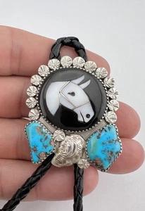 Vintage Zuni Simplicio Sterling Silver Turquoise & MOP Inlay Horse Bolo Tie - Picture 1 of 6