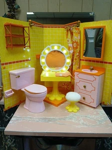 American Girl Julie’s Groovy Bathroom Shower Toilet Sink Cabinet & Vanity Lot - Picture 1 of 21