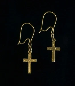 10K Fine Solid Yellow Gold 31mm Jesus Cross Crucifix Hook Dangle Earrings )ub - Picture 1 of 2