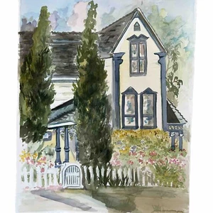 Vintage Original Watercolor Painting House Signed Joan Perry 22.5” H x 17.5” W - Picture 1 of 4