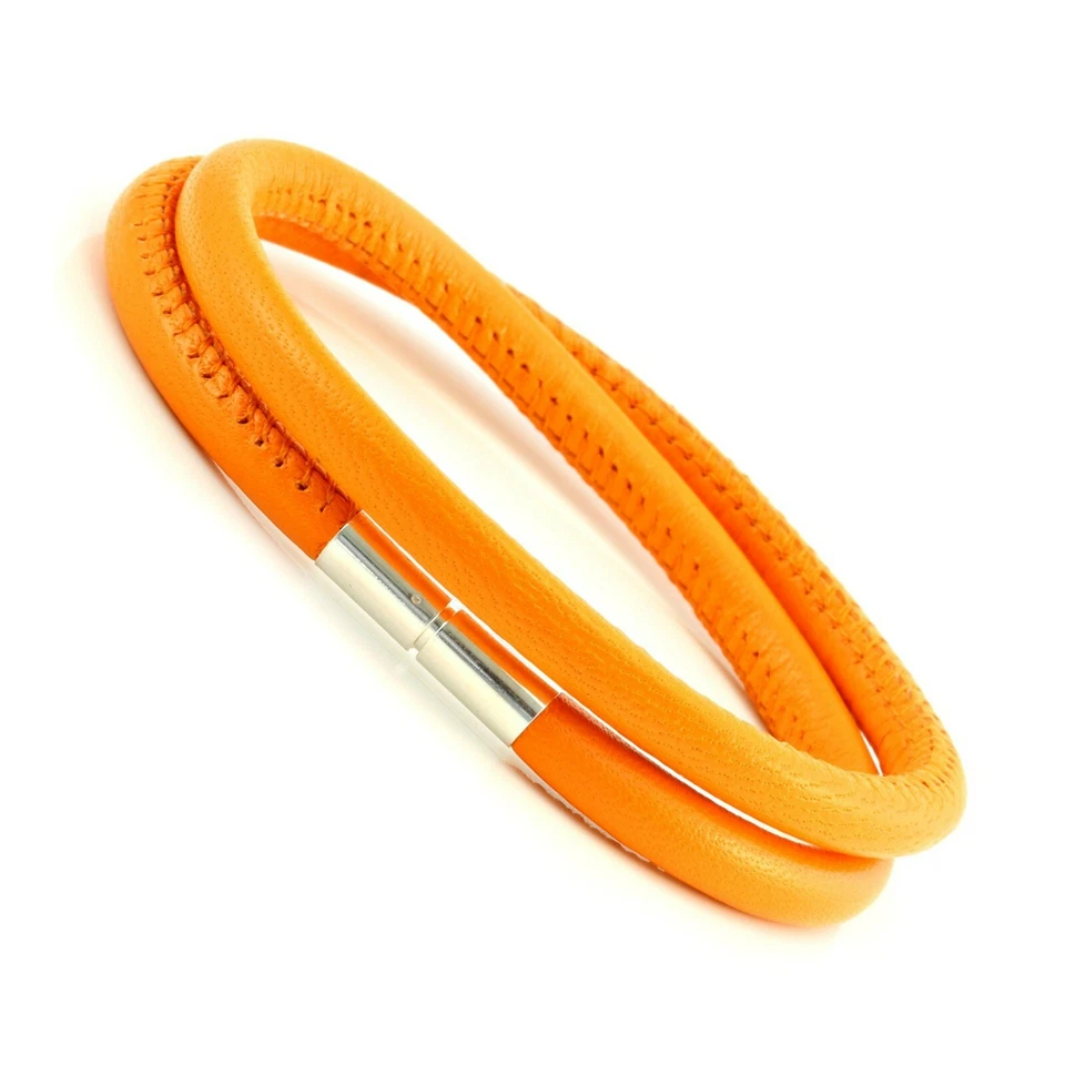Unisex Leather Bracelet-Sterling Silver Twist Clasp-Genuine Orange Nappa Leather - Изображение 1 из 1