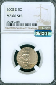 2008 D JEFFERSON NICKEL NGC MS66 FS MAC FINEST BUSINESS STRIKE & SPOTLESS POP 10 - Picture 1 of 4