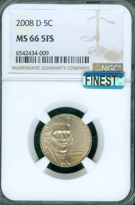 2008 D JEFFERSON NICKEL NGC MS66 FS MAC FINEST BUSINESS STRIKE & SPOTLESS POP 10 - Image 1 of 4