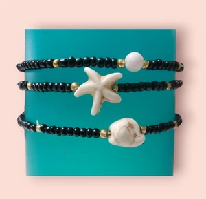 Caviglia Stile Oceano - (3) Set Perline con Stelle, Braccialetto Caviglia Resina Pietra - Foto 1 di 1