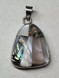 Vtg Sterling Silver Multi-Shell Inlay Pendant MOP Abalone Shell - Picture 1 of 10
