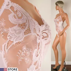 💖 Vintage LADY LYNNE Bodysuit Teddy Lingerie Nylon Pink Sheer Lace Snap M - Picture 1 of 13