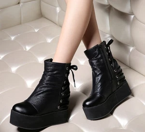 Ladies Womens Gothic Ankle Boots Platform Punk Hidden Wedge Heels Lace Up Shoes - Picture 1 of 13