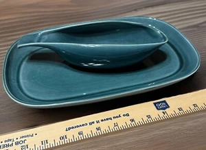 Russell Wright Green Pottery Serving Plate & Gravy Boat Vintage - Picture 1 of 14