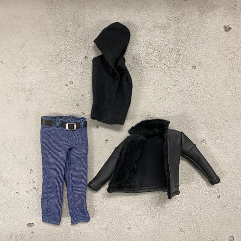 PB-JIG-SET: 1/12 Scale Black Coat, Jeans, Hoodie for Mezco Nota Slim body Cover