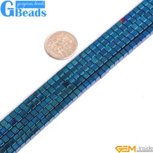Blue Metallic Coated Reflections Hematite Square Cube Jewelry Making Beads 15" - Picture 1 of 9