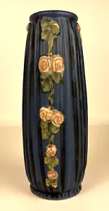 Antique Weller Pottery Blue Drapery Vase Pink Roses 8" Tall Circa 1915 - Picture 1 of 9